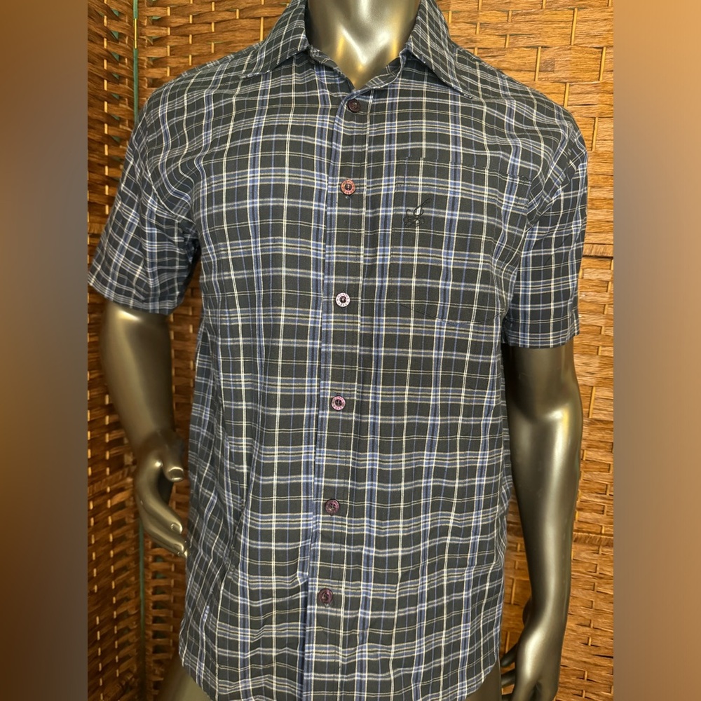 Joker Brand Short Sleeve Button Up Medium Blue Plaid   Perfect Summer Vacation